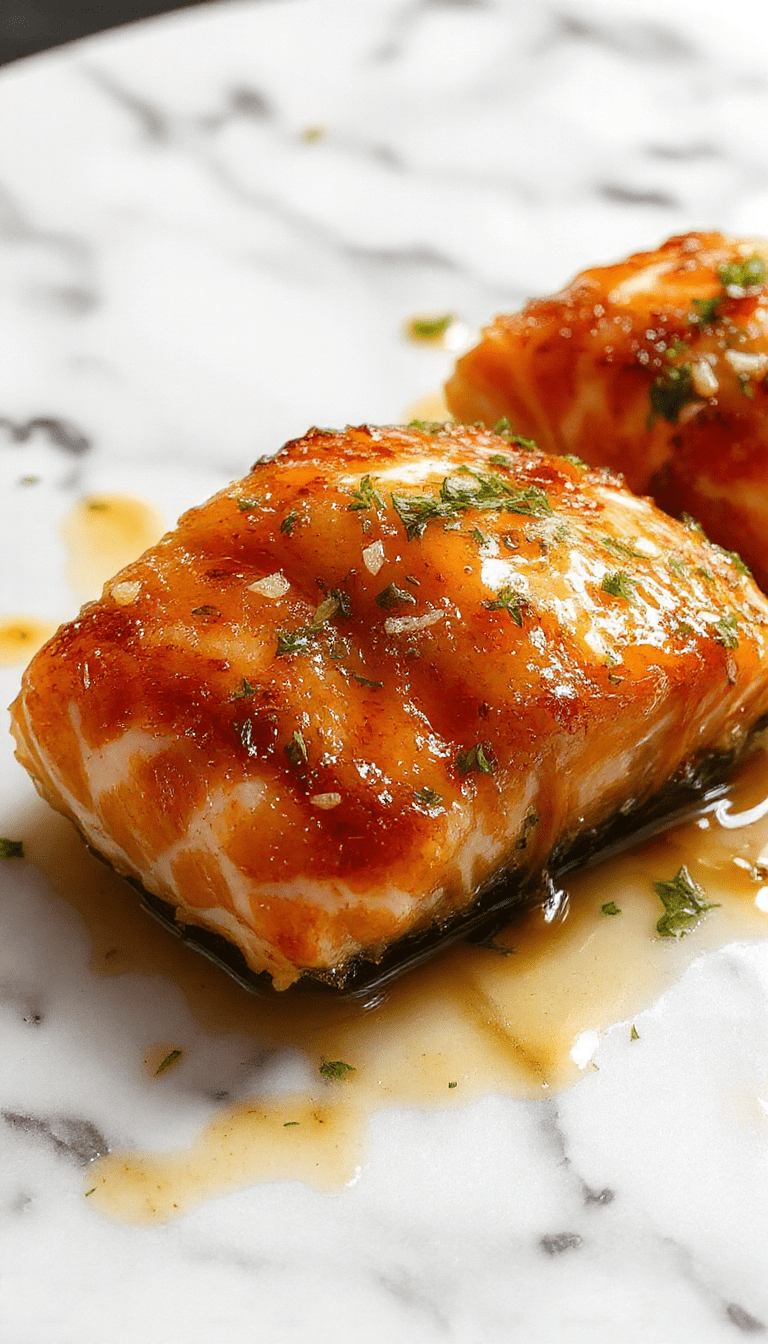 A beautifully plated piece of crispy glazed salmon on a white plate, drizzled with golden honey garlic sauce, garnished with fresh herbs and lemon slices, with a textured, flaky fish surface contrasting with the glossy glaze, set against a rustic wooden background.