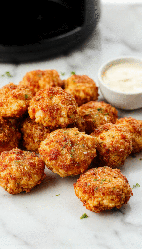 Golden-brown air fryer lemon chicken bites arranged neatly on a white plate, garnished with fresh lemon wedges and chopped parsley, with a crispy textured surface and a glossy lemon glaze, styled with a modern background and vibrant lighting.