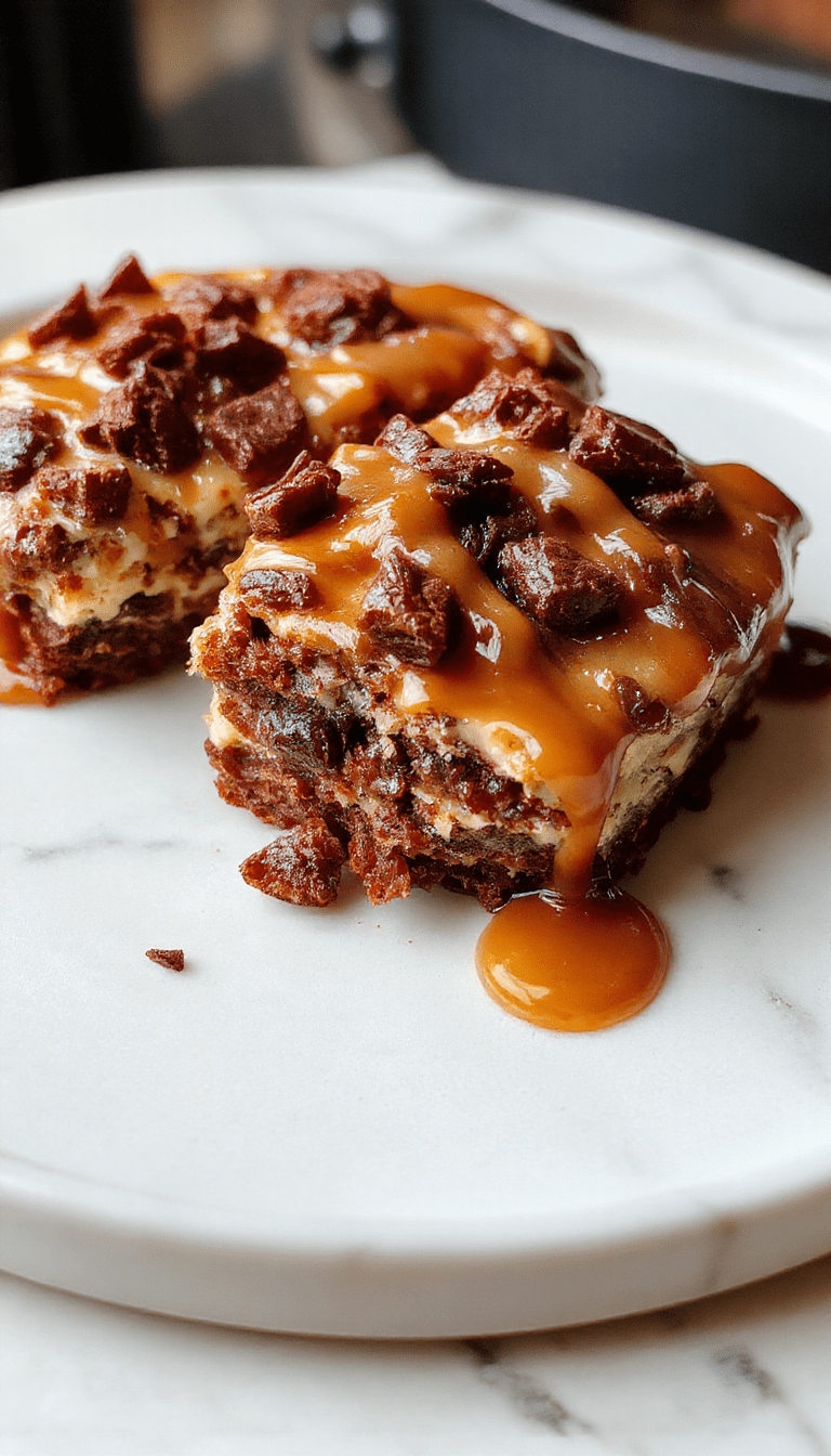 A rich caramel brownie cheesecake with a smooth creamy top layer, drizzled with glossy caramel sauce and adorned with cocoa powder and chocolate shavings. The dessert is plated on a rustic wooden board, highlighting the contrasting textures of the fudgy brownies, silky cheesecake, and gooey caramel, styled with a sprinkle of sea salt and fresh mint leaves.