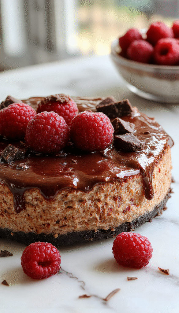 A luscious slice of dark chocolate raspberry cheesecake on a elegant white plate, topped with fresh raspberries and a drizzle of chocolate, set against a rustic wooden background with a hint of powdered sugar dusted around.