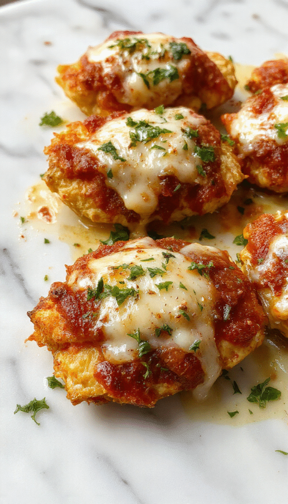A golden-brown baked chicken parmesan served on a white plate, topped with melted mozzarella and marinara sauce, garnished with fresh basil, with a crispy breading texture and colorful side vegetables in the background.