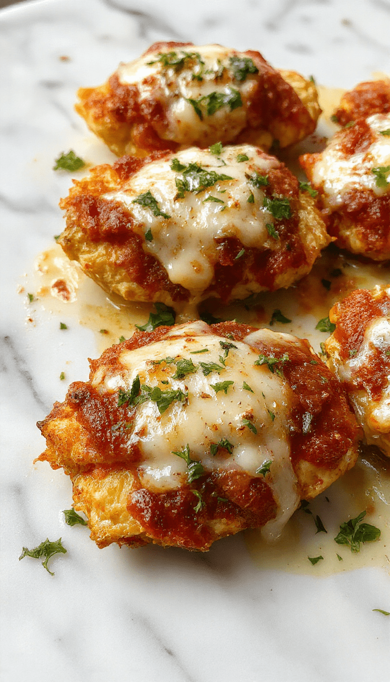 A golden-brown baked chicken parmesan served on a white plate, topped with melted mozzarella and marinara sauce, garnished with fresh basil, with a crispy breading texture and colorful side vegetables in the background.