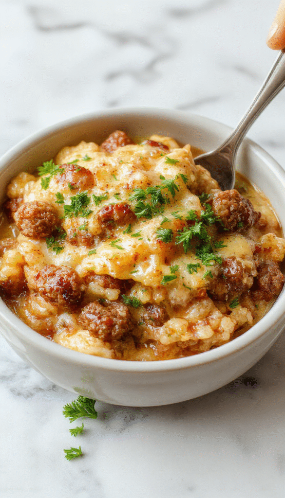 A close-up of a cheesy hamburger rice casserole served in a rustic white baking dish, topped with melted golden cheese, garnished with chopped green onions, with steam rising, set on a wooden table with fresh ingredients around, vibrant colors, creamy textures, inviting presentation.