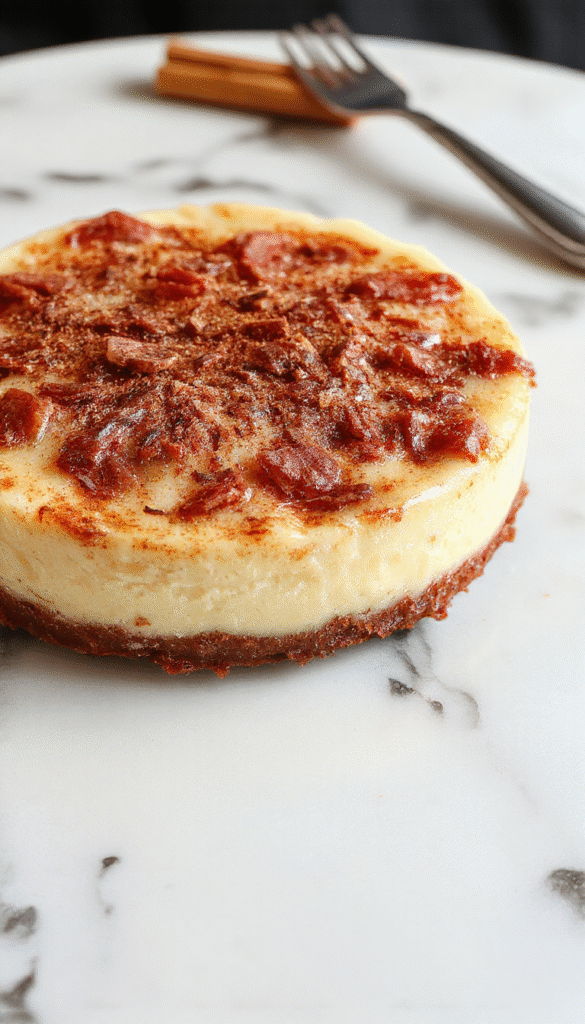 A slice of cinnamon cheesecake on a white plate topped with cinnamon dust, showcasing its smooth creamy texture and golden crust, garnished with a cinnamon stick and a sprinkle of cinnamon powder, styled on a rustic wooden surface with a blurred background.