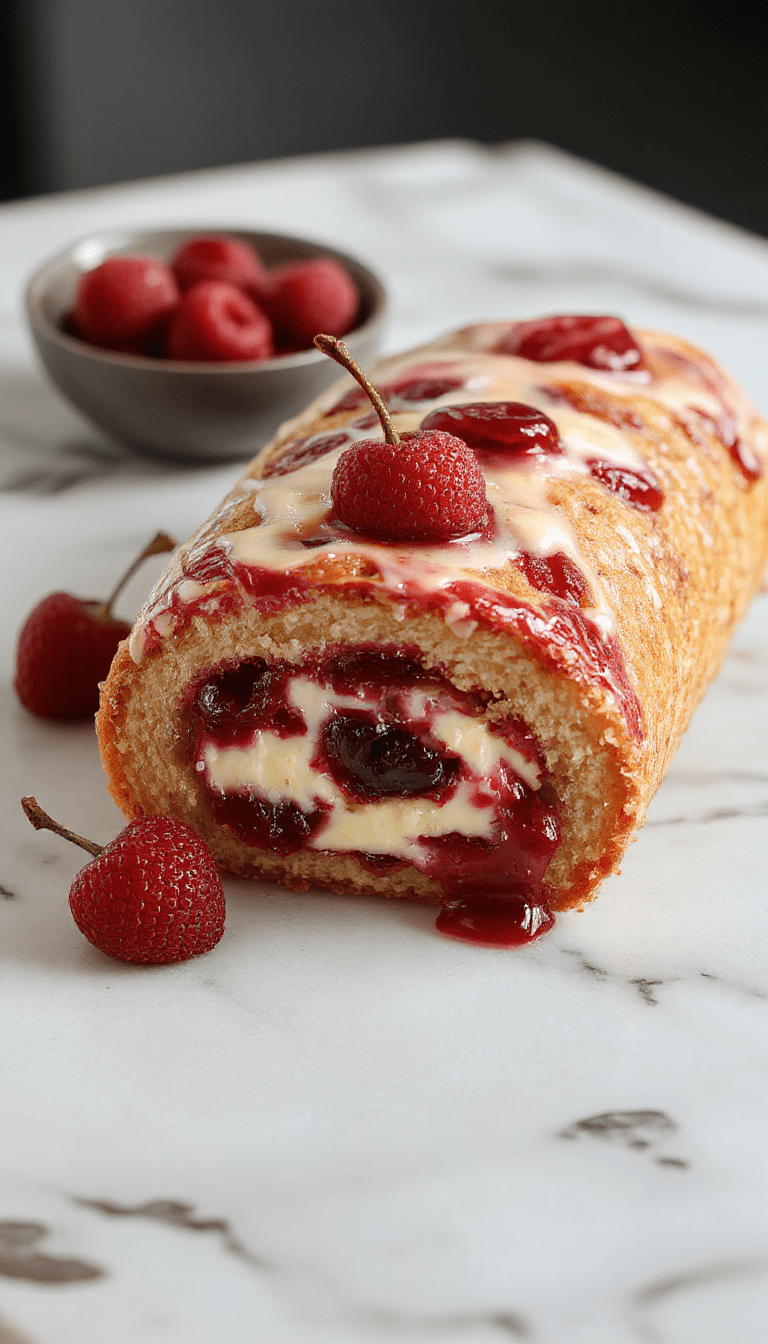 A vibrant cheesecake cake roll sliced to reveal a creamy cherry filling inside a golden sponge exterior, topped with fresh cherries and a dusting of powdered sugar, styled on a white plate with mint leaves