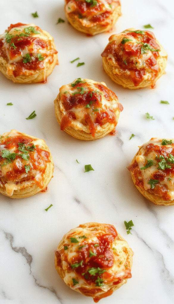 Colorful mini deep dish crescent roll pizzas arranged on a white plate, featuring golden-brown flaky crescent crust topped with melted cheese, vibrant tomato sauce, and assorted toppings, styled on a rustic wooden surface with fresh herbs and ingredients nearby