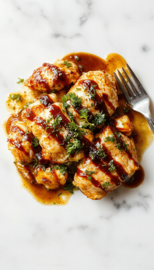 A close-up of a glossy cooked chicken breast glazed with dark balsamic sauce, garnished with fresh herbs on a rustic white plate, with a balsamic reduction drizzle and vibrant side vegetables in the background, styled with a modern kitchen setting and natural lighting.
