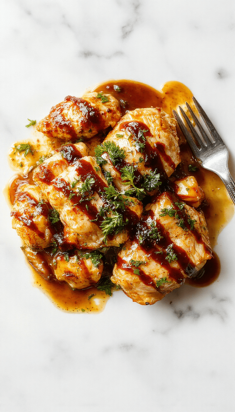 A close-up of a glossy cooked chicken breast glazed with dark balsamic sauce, garnished with fresh herbs on a rustic white plate, with a balsamic reduction drizzle and vibrant side vegetables in the background, styled with a modern kitchen setting and natural lighting.