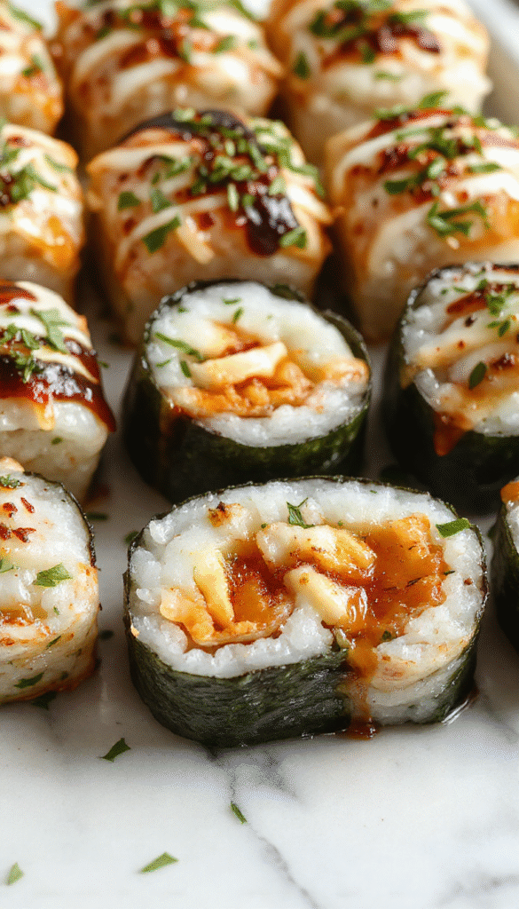 A vibrant sushi bake displayed on a white platter, featuring layers of sticky rice, fresh avocado slices, smoked salmon, and sliced cucumber, topped with sesame seeds and drizzled with spicy mayo, all styled with chopsticks and fresh greens for an inviting presentation.