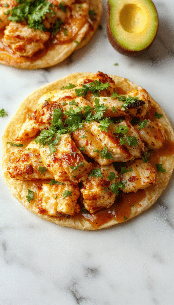 Colorful plate featuring golden crispy tostadas topped with shredded rotisserie chicken, fresh lettuce, diced tomatoes, melted cheese, and a drizzle of sauce, styled on a rustic wooden surface with vibrant ingredients and garnishes.