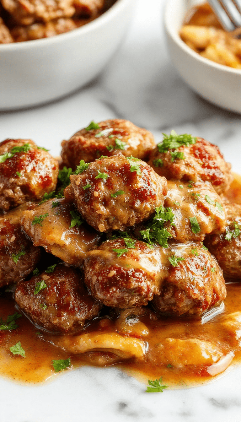 A rustic white plate featuring golden-brown Salisbury steak meatballs topped with rich gravy, garnished with fresh parsley, served alongside mashed potatoes and steamed vegetables, all styled in a cozy kitchen setting with natural lighting.