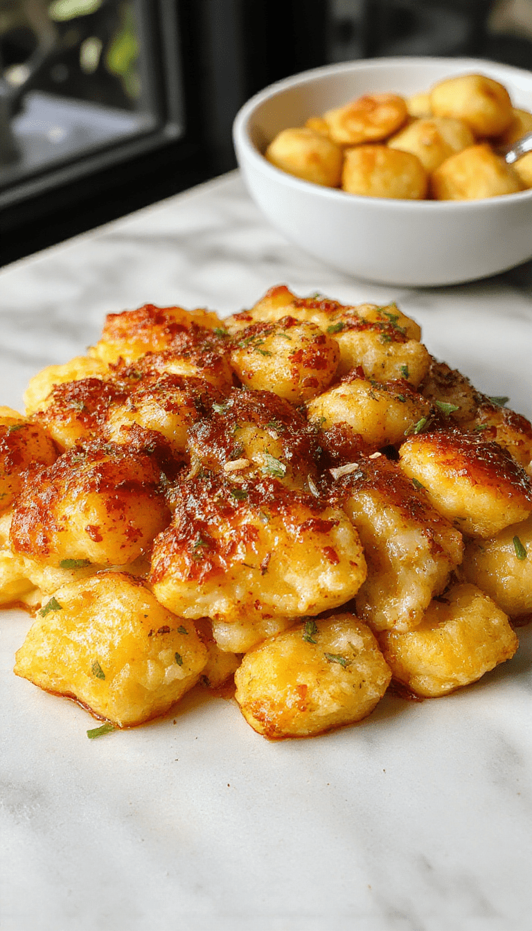 A hearty dish featuring golden crispy tater tots arranged in a baking dish topped with melted cheese and garnished with chopped fresh herbs, served steaming hot and inviting.
