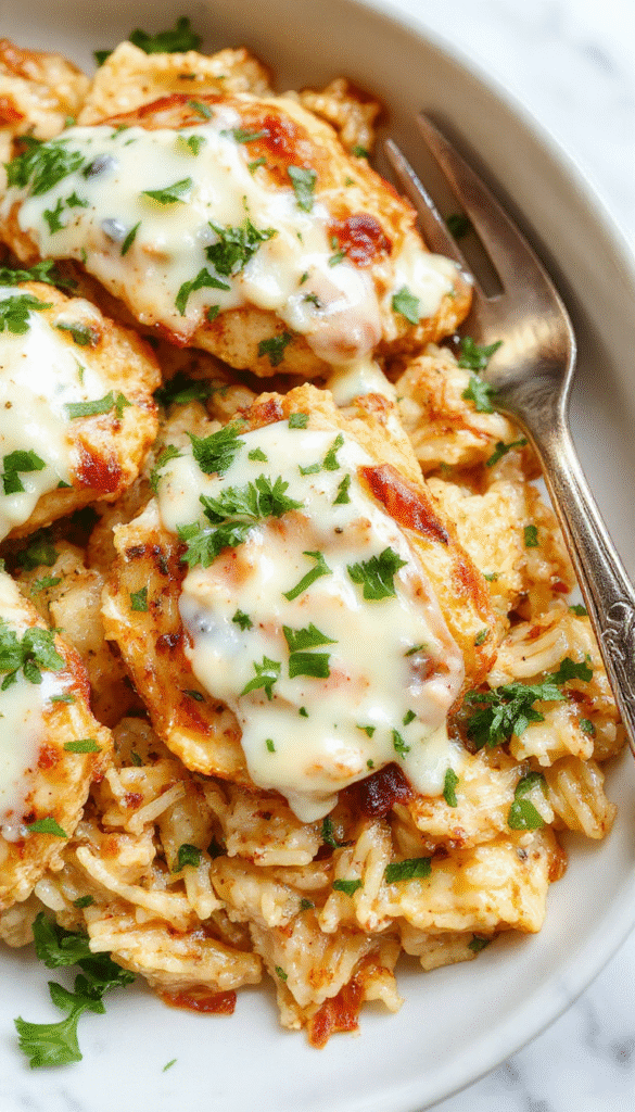 A bright and inviting dish featuring fluffy white rice topped with tender grilled chicken slices, drizzled with creamy tzatziki sauce, and garnished with fresh parsley. The vibrant colors of the tzatziki contrast with the golden-brown chicken and white rice, all plated on a rustic wooden surface with a fork and lemon wedge nearby, highlighting a comforting, Mediterranean-inspired meal.