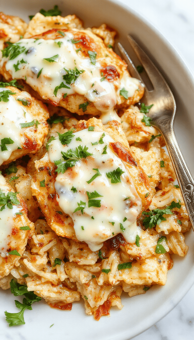 A bright and inviting dish featuring fluffy white rice topped with tender grilled chicken slices, drizzled with creamy tzatziki sauce, and garnished with fresh parsley. The vibrant colors of the tzatziki contrast with the golden-brown chicken and white rice, all plated on a rustic wooden surface with a fork and lemon wedge nearby, highlighting a comforting, Mediterranean-inspired meal.