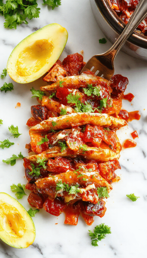 Colorful skillet of cooked fajitas featuring vibrant red and green bell peppers, seasoned sliced chicken, and melted cheese on a rustic wooden table, styled simply with fresh cilantro garnish.