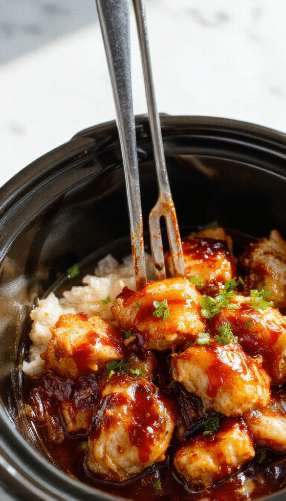 Colorful bowl of shredded teriyaki chicken with a glossy brown glaze, garnished with green onions and sesame seeds, served on a white plate with a side of steamed rice, styled simply on a rustic wooden table.