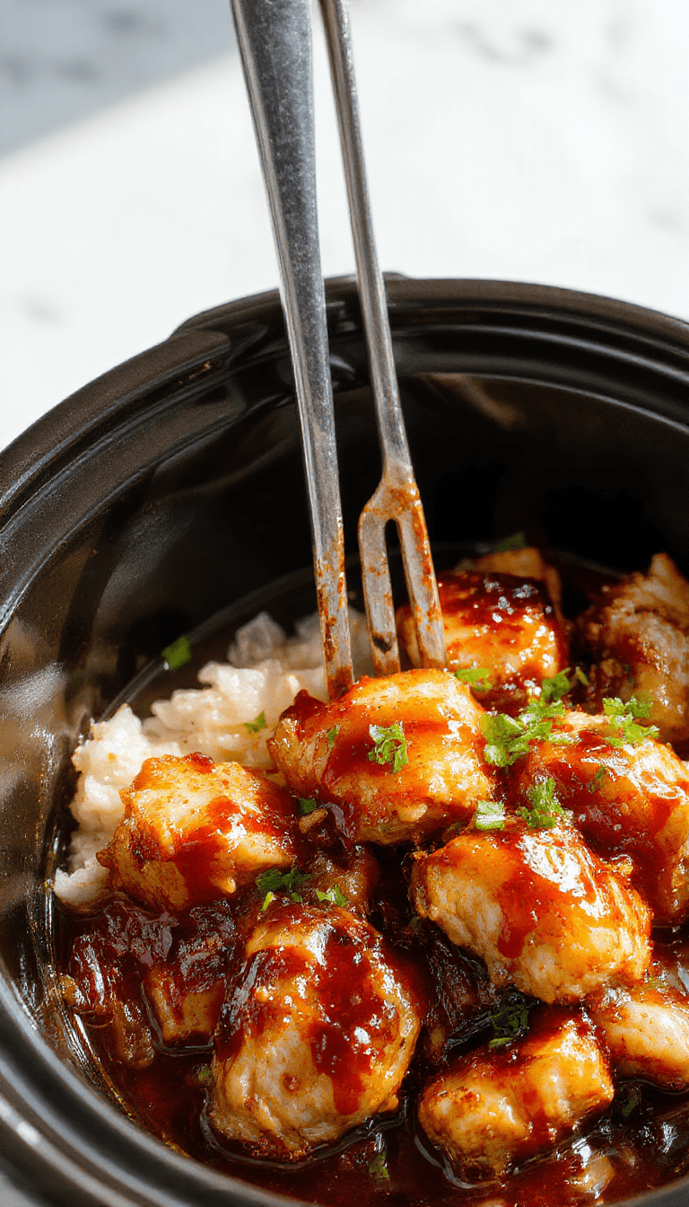 Colorful bowl of shredded teriyaki chicken with a glossy brown glaze, garnished with green onions and sesame seeds, served on a white plate with a side of steamed rice, styled simply on a rustic wooden table.