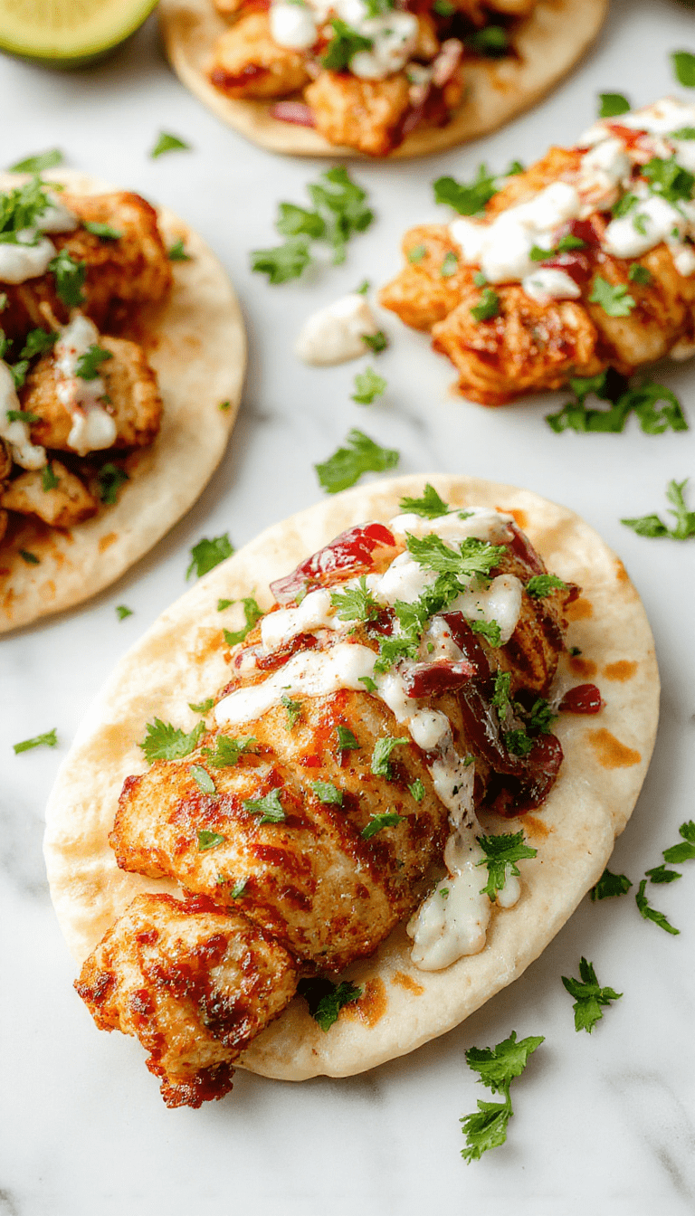 Colorful plate featuring golden-brown sheet pan chicken nestled inside soft pita bread, topped with vibrant green and purple herb ranch slaw, garnished with fresh herbs and drizzled with creamy dressing, styled on a rustic wooden table