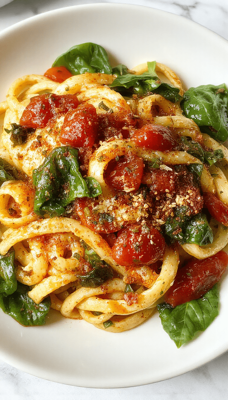 A vibrant plate of spinach and tomato pasta featuring fresh green spinach leaves, juicy red cherry tomatoes, and al dente pasta garnished with grated cheese and herbs, styled on a rustic wooden table with a sprig of basil.