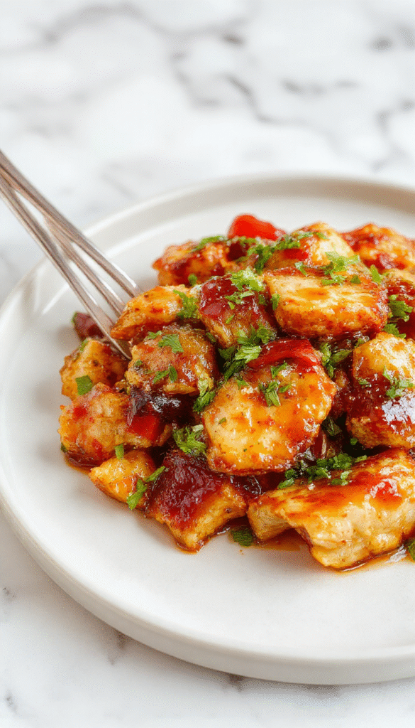 Colorful stir fry with golden-brown chicken pieces coated in glossy teriyaki sauce, vibrant vegetables including red bell peppers, broccoli, and carrots, served on a white plate with sesame seeds sprinkled on top, styled with chopsticks resting beside the dish, and a background of a wooden table and soy sauce bottle.
