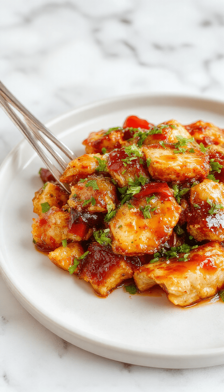 Colorful stir fry with golden-brown chicken pieces coated in glossy teriyaki sauce, vibrant vegetables including red bell peppers, broccoli, and carrots, served on a white plate with sesame seeds sprinkled on top, styled with chopsticks resting beside the dish, and a background of a wooden table and soy sauce bottle.