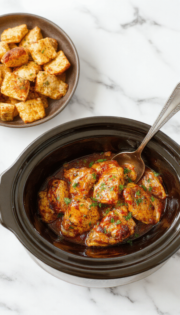 A close-up of a creamy chicken dish served in a white bowl, topped with fresh herbs and cracked black pepper, with a rustic wooden background and a sprig of thyme for garnish