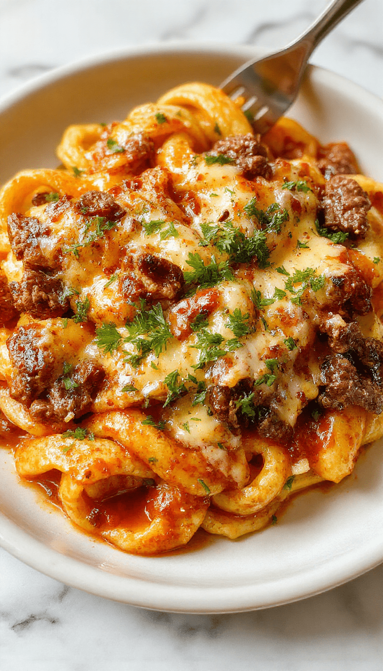 A vibrant plate of Philly Cheese Steak Pasta featuring tender slices of beef, melted yellow cheese, green bell peppers, and onions over al dente pasta, garnished with chopped parsley and served on a rustic white plate with a backdrop of fresh ingredients and a wooden table
