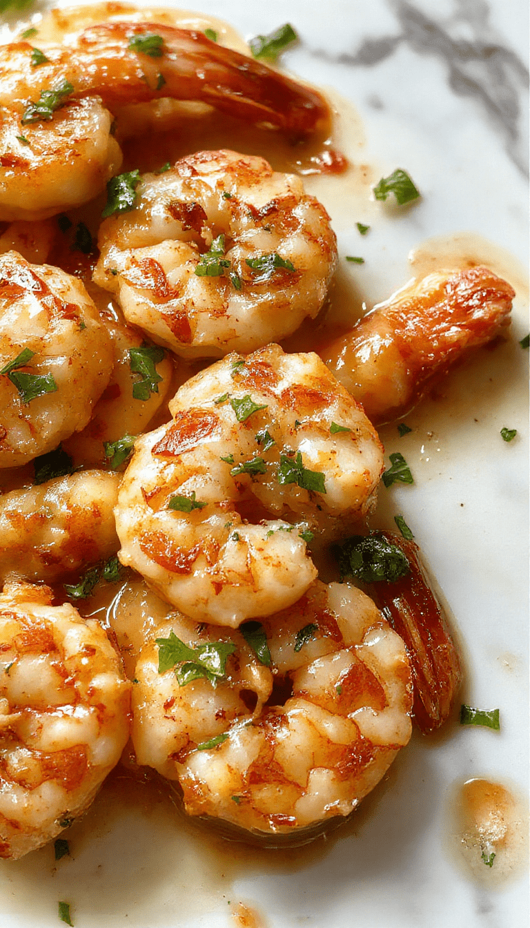 A vibrant plate of creamy garlic shrimp garnished with fresh parsley, featuring plump shrimp coated in a luscious white sauce with visible garlic bits, served on a stylish white plate with a side of lemon wedges, set against a rustic wooden table background.