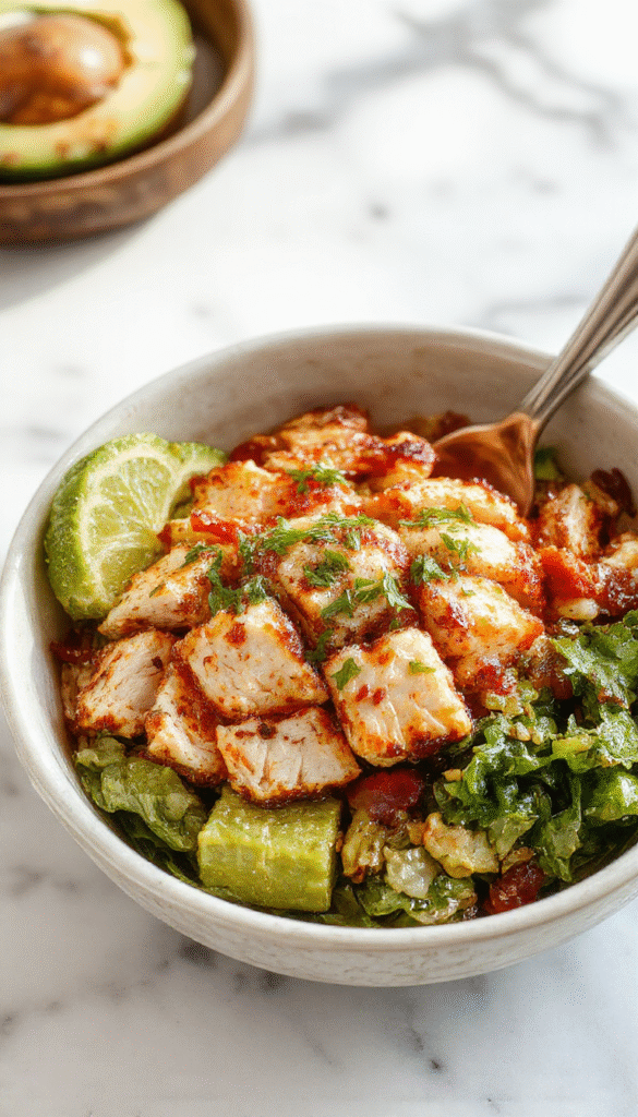 A vibrant chicken burrito bowl featuring seasoned grilled chicken slices nestled on a bed of colorful fresh vegetables, creamy guacamole, shredded cheese, and crispy tortilla strips, all arranged harmoniously on a white ceramic plate with a background of a rustic wooden table and vibrant condiments.