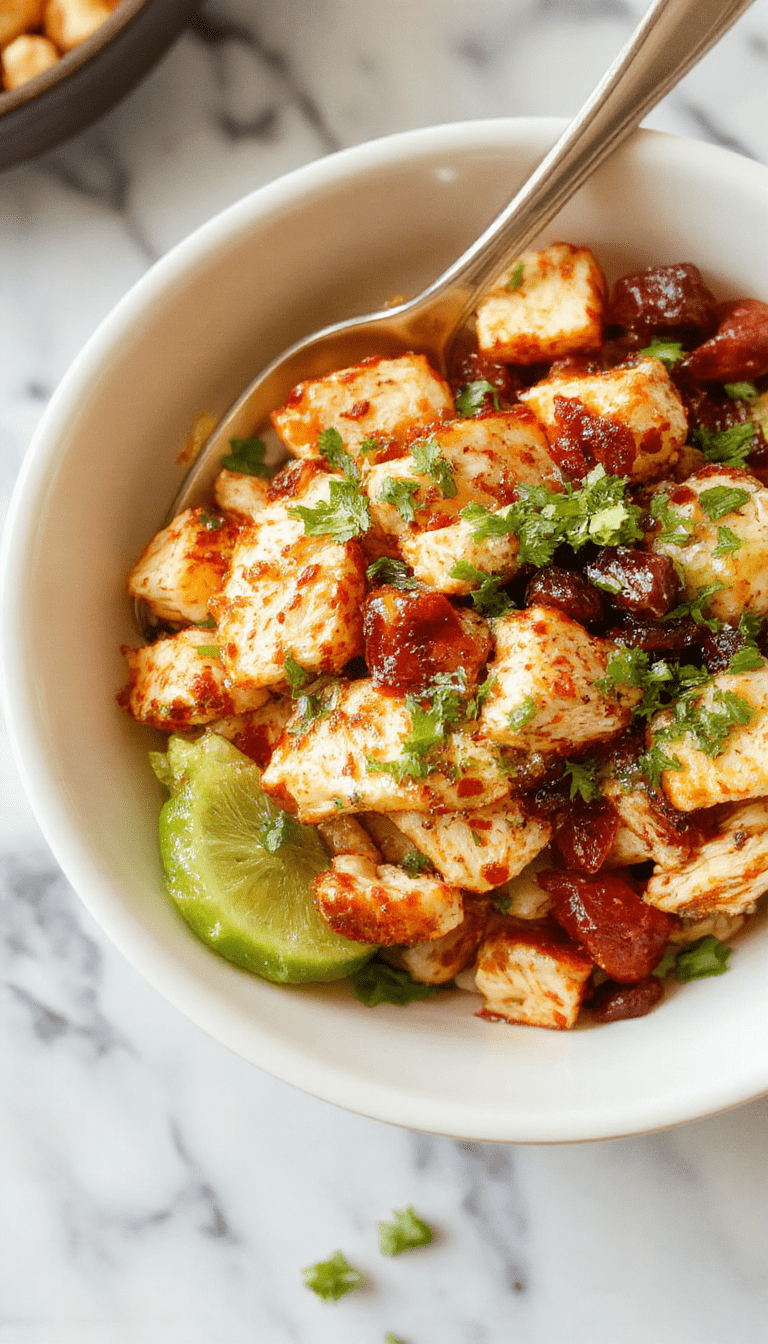 A vibrant chicken burrito bowl featuring grilled chicken strips, colorful diced tomatoes, fresh lettuce, creamy avocado slices, and shredded cheese arranged neatly on a rustic wooden table, with a drizzle of sour cream and sprigs of cilantro on top, showcasing textures from crispy chips to tender chicken.