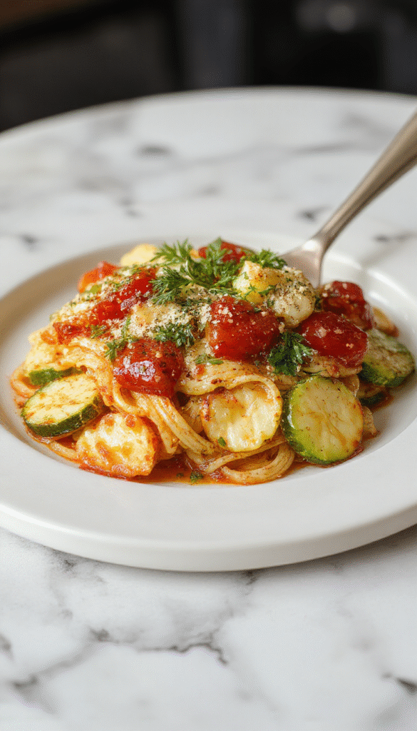 Colorful plate of fresh Tomato Zucchini Pasta featuring spiralized zucchini noodles topped with ripe cherry tomatoes, sliced zucchini, basil leaves, and a drizzle of olive oil, showcasing vibrant reds, greens, and natural textures, styled on a rustic wooden table.