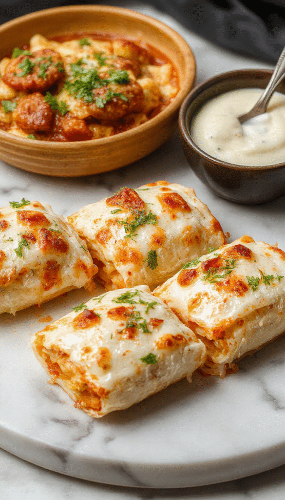 Colorful tortilla pizza rolls arranged on a white plate, with melted cheese, pepperoni slices, and fresh vegetables visible inside golden brown, crispy tortilla wraps styled neatly for a fun, kid-friendly meal presentation.