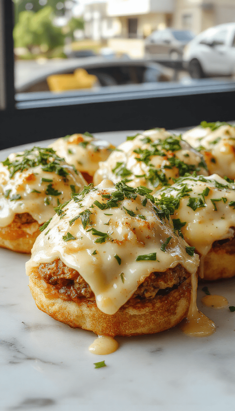 A close-up shot of golden-brown cheeseburger rollups drizzled with garlic butter, garnished with fresh herbs, placed on a rustic wooden platter, showcasing a crispy exterior and gooey cheese inside.