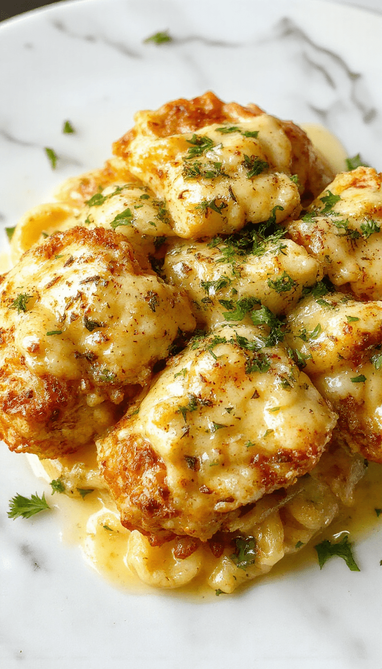 Colorful plate featuring golden-brown garlic butter chicken bites drizzled with melted butter, served alongside creamy pasta coated in a rich sauce, garnished with fresh parsley, presented on a white rustic plate with a wooden background, emphasizing textures and vibrant colors.