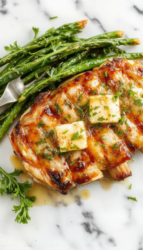 A close-up of golden-brown pork chops seared in a skillet with a glossy garlic butter glaze, garnished with chopped parsley on a rustic wooden surface.