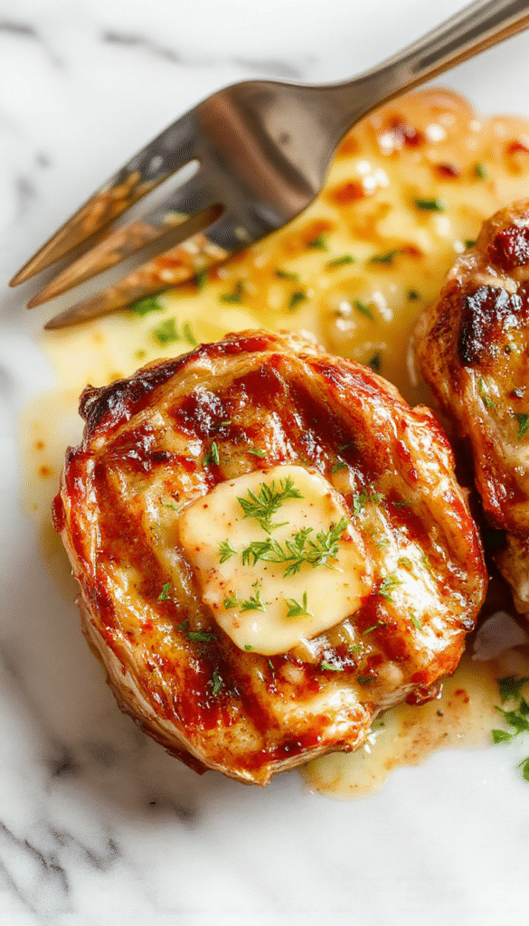 Golden-brown pork chops seared in garlic butter resting on a white plate, garnished with fresh herbs, with a glossy glaze and crispy edges, styled against a rustic wooden table with a side of roasted vegetables.