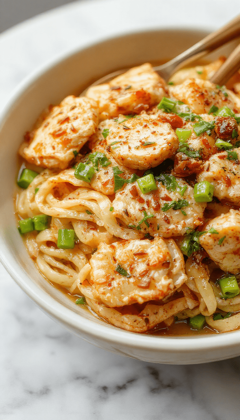 A vibrant plate of garlic chicken noodles featuring tender sliced chicken coated in a glossy garlic sauce, served atop perfectly cooked chewy noodles. The dish is garnished with chopped green onions and sesame seeds, presented on a rustic white plate, with a backdrop of fresh herbs and a drizzle of garlic sauce, capturing an inviting and mouthwatering scene.