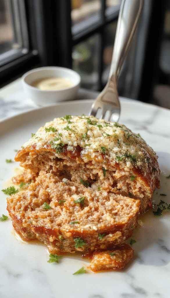A golden-brown chicken meatloaf topped with a sprinkle of grated Parmesan cheese and chopped fresh parsley, sliced to reveal a moist, flavorful interior with visible bits of garlic and herbs, served on a white plate with a side of roasted vegetables and a drizzle of creamy sauce, sitting on a rustic wooden table with a soft-focus background.