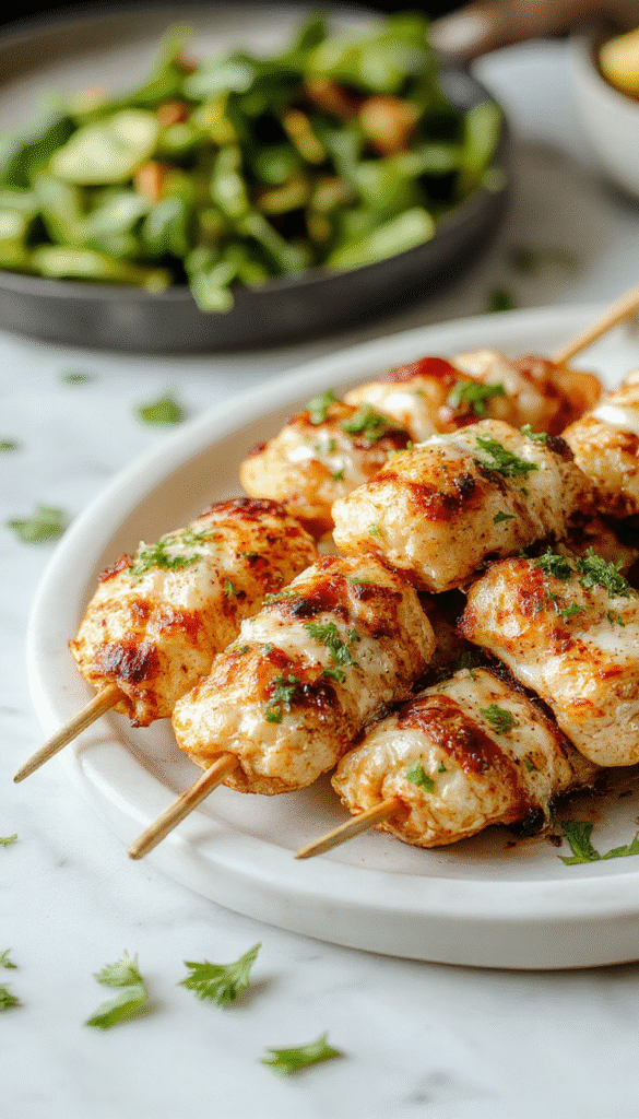 Colorful grilled chicken skewers arranged on a platter with visible char marks, coated in creamy ranch and sprinkled with grated Parmesan, garnished with fresh herbs and garlic cloves, styled on a rustic background with vibrant red and green peppers in the background.