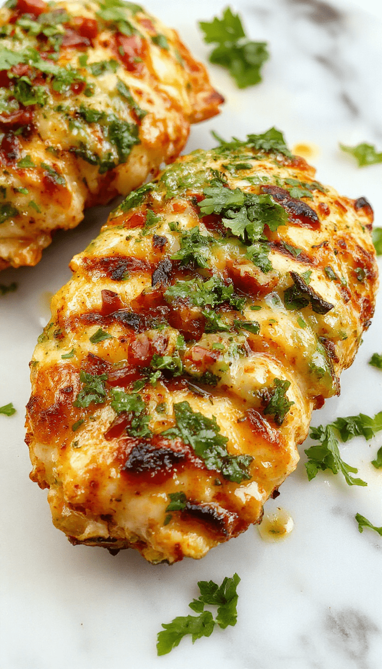 Colorful grilled chicken breasts topped with vibrant green salsa verde and melted pepper jack cheese, served on a rustic wooden board with fresh herbs and lime wedges, showcasing a crispy, charred exterior and tender interior.