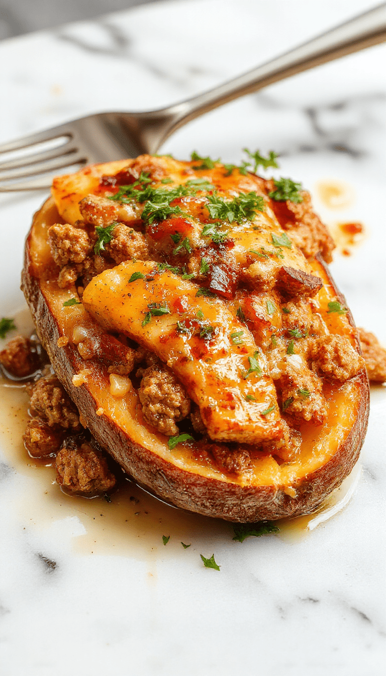 A colorful baked casserole featuring ground turkey chunks and sliced sweet potatoes arranged in a rustic white dish, topped with fresh herbs and a golden crispy crust, with a side of green vegetables and a wooden spoon.