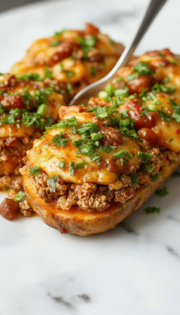 A colorful baked dish featuring golden-brown sweet potato slices topped with crumbled cooked ground turkey, garnished with fresh herbs, served in a rustic ceramic baking dish with steam rising, set on a wooden table with a side of green vegetables, showcasing a hearty and wholesome appearance