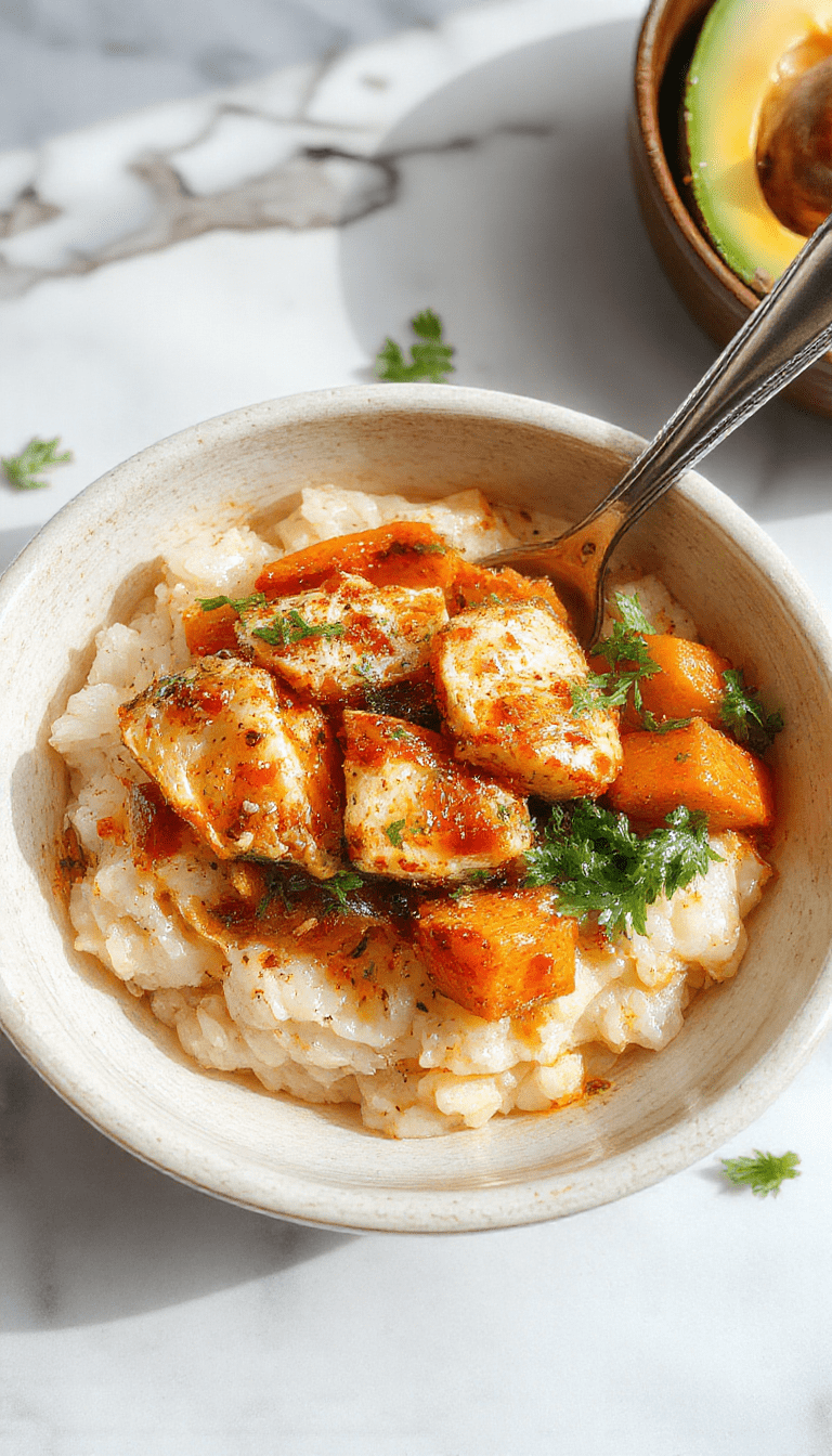 Colorful chicken and sweet potato rice bowl featuring tender grilled chicken slices, roasted sweet potatoes, fluffy white rice, topped with fresh greens and a drizzle of vibrant sauce, served in a stylish white bowl with a rustic wooden background.