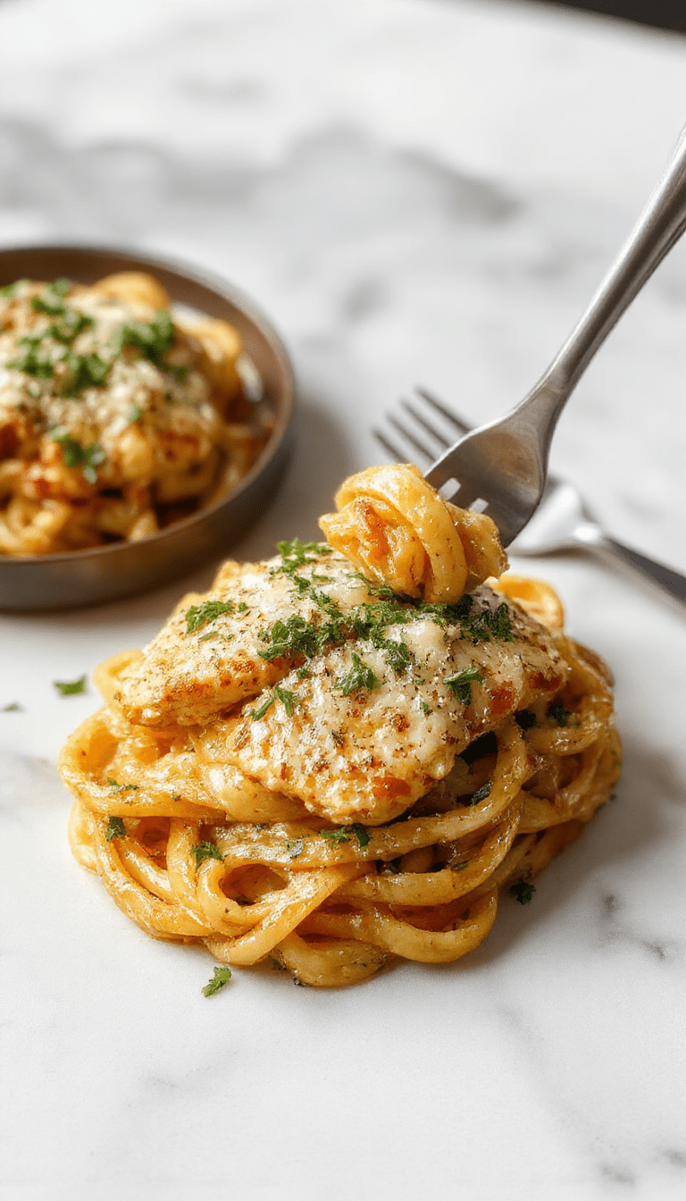 A vibrant plate of garlic parmesan chicken pasta showcases golden-brown grilled chicken pieces atop spiraled pasta coated in creamy Parmesan sauce, garnished with fresh parsley and grated Parmesan cheese, served on a rustic wooden table with a background of garden herbs.