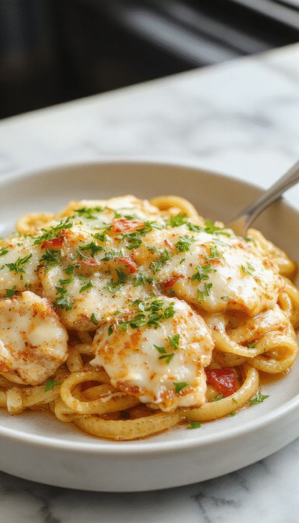 A vibrant plate of creamy garlic parmesan chicken pasta featuring tender grilled chicken slices over al dente pasta, topped with melted parmesan cheese and fresh chopped parsley, presented on a rustic white plate with a side of cherry tomatoes and basil leaves, highlighting the rich textures and bright colors of the dish.