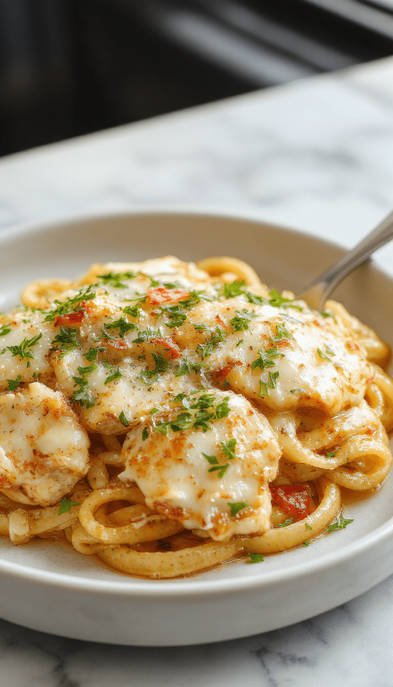 A vibrant plate of creamy garlic parmesan chicken pasta featuring tender grilled chicken slices over al dente pasta, topped with melted parmesan cheese and fresh chopped parsley, presented on a rustic white plate with a side of cherry tomatoes and basil leaves, highlighting the rich textures and bright colors of the dish.