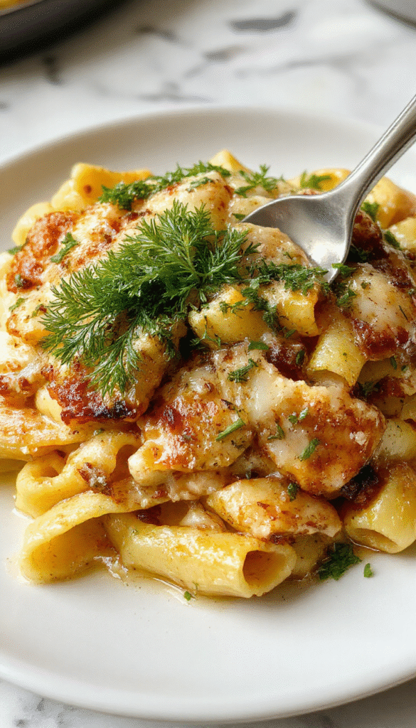 A vibrant plate of chicken pasta garnished with fresh parsley and grated Parmesan cheese. The pasta is coated in a creamy garlic sauce, with tender chicken slices distributed evenly, presented on a white ceramic plate with a sprig of parsley on top, set against a rustic wooden table with a fork and a lemon wedge.