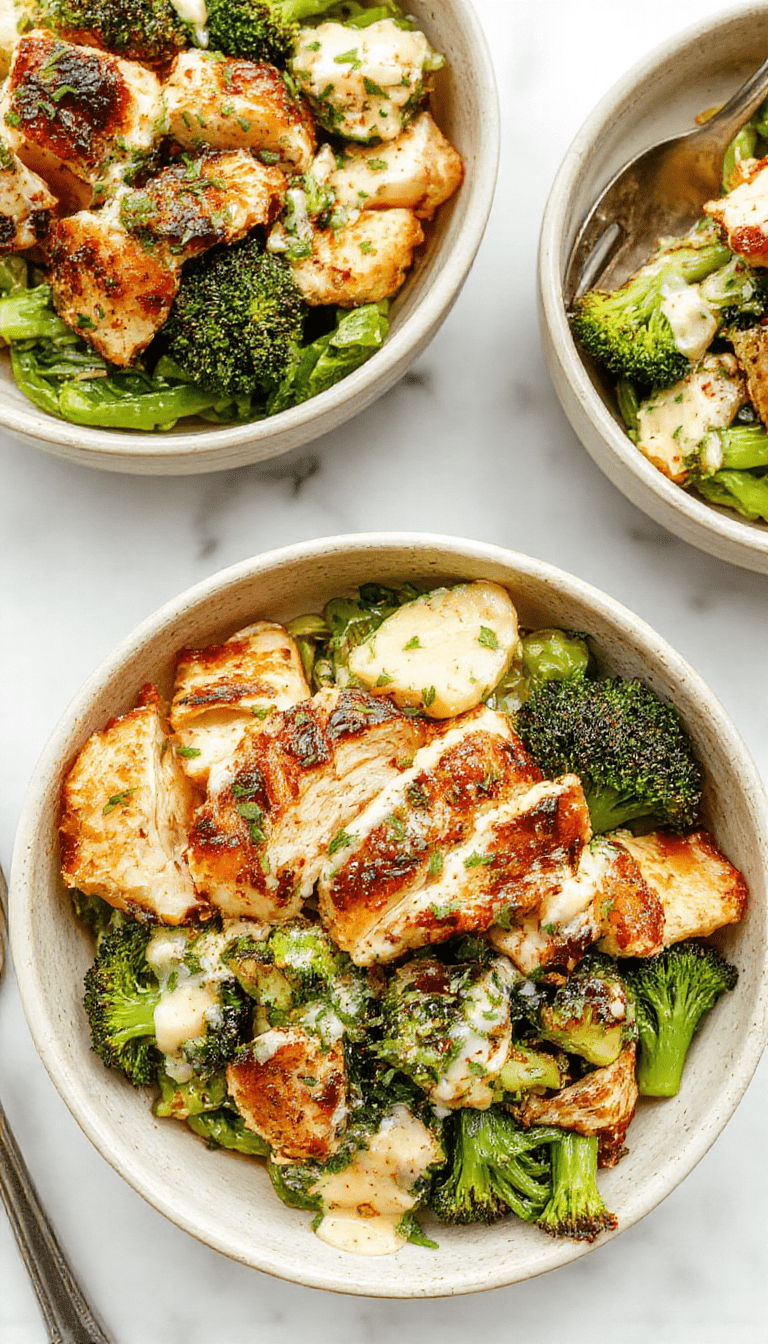 A vibrant bowl featuring grilled chicken pieces and fresh broccoli florets drizzled with a luscious creamy garlic sauce, served on a rustic wooden table with herbs sprinkled on top
