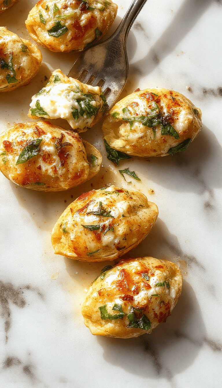 A vibrant plate of spinach and ricotta stuffed shells showcasing golden baked pasta shells filled with fresh green spinach and creamy white ricotta, topped with melted cheese and garnished with basil leaves, set on a rustic wooden table with a serving spoon.