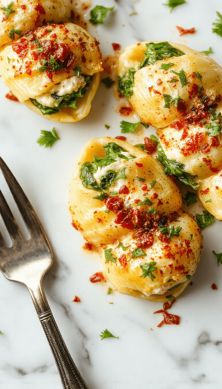 A vibrant plate of cooked large pasta shells filled with creamy spinach and ricotta cheese, topped with melted cheese and garnished with fresh herbs, served on a rustic white plate with a green leafy background and a drizzle of tomato sauce.